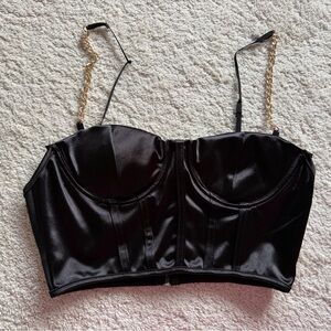 Black Satin Bustier Crop Top with Chain Straps-run small like a medium